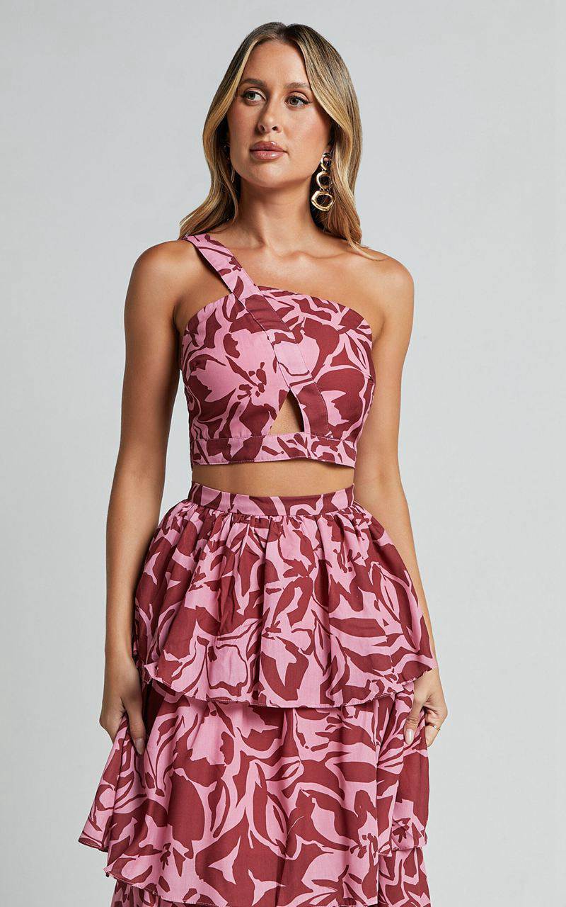 Showpo Lydie Two Piece Set - One Shoulder Top And Tiered Midi Skirt Set Whirlwind Floral Print | VDZTJF581