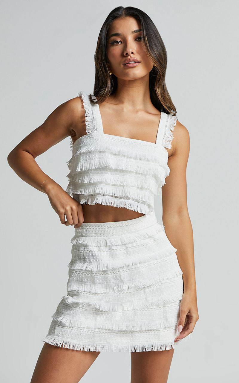 Showpo Lylah Two Piece Set - Fringe Crop Top And Mini Skirt Set Ivory | KFIVBE372