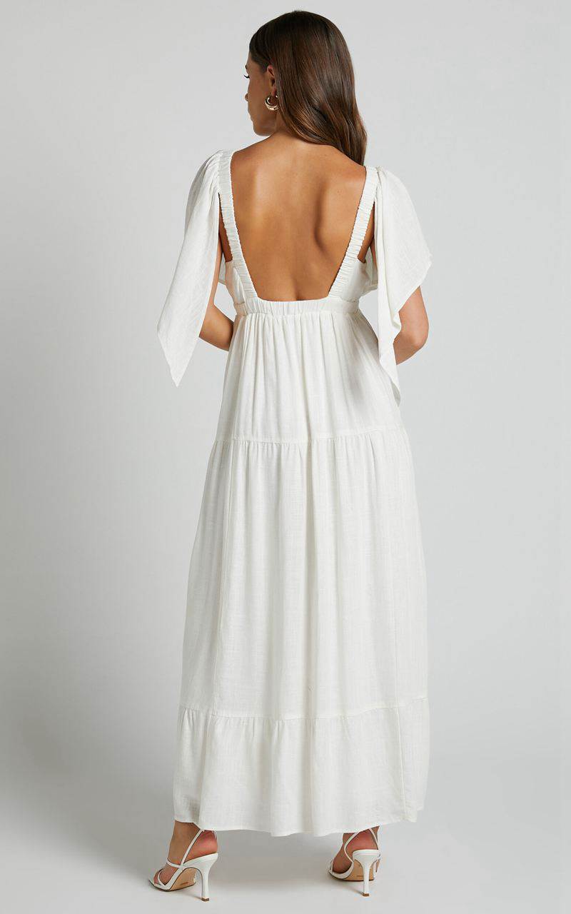 Showpo Lyrad Midi Dress - Linen Look Empire Waist Textured Dress White | BOKUDR243