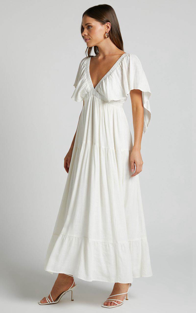 Showpo Lyrad Midi Dress - Linen Look Empire Waist Textured Dress White | BOKUDR243