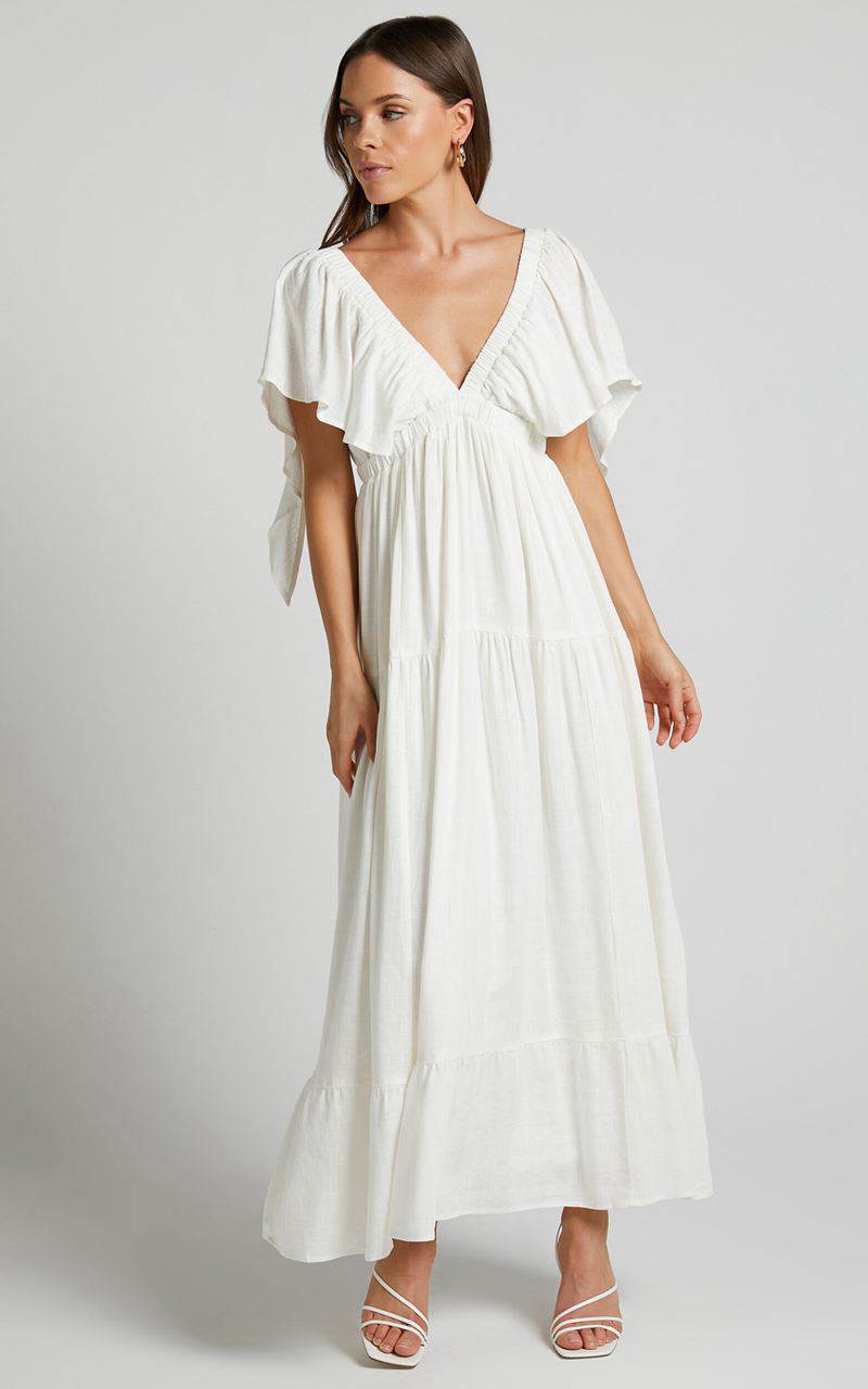 Showpo Lyrad Midi Dress - Linen Look Empire Waist Textured Dress White | BOKUDR243