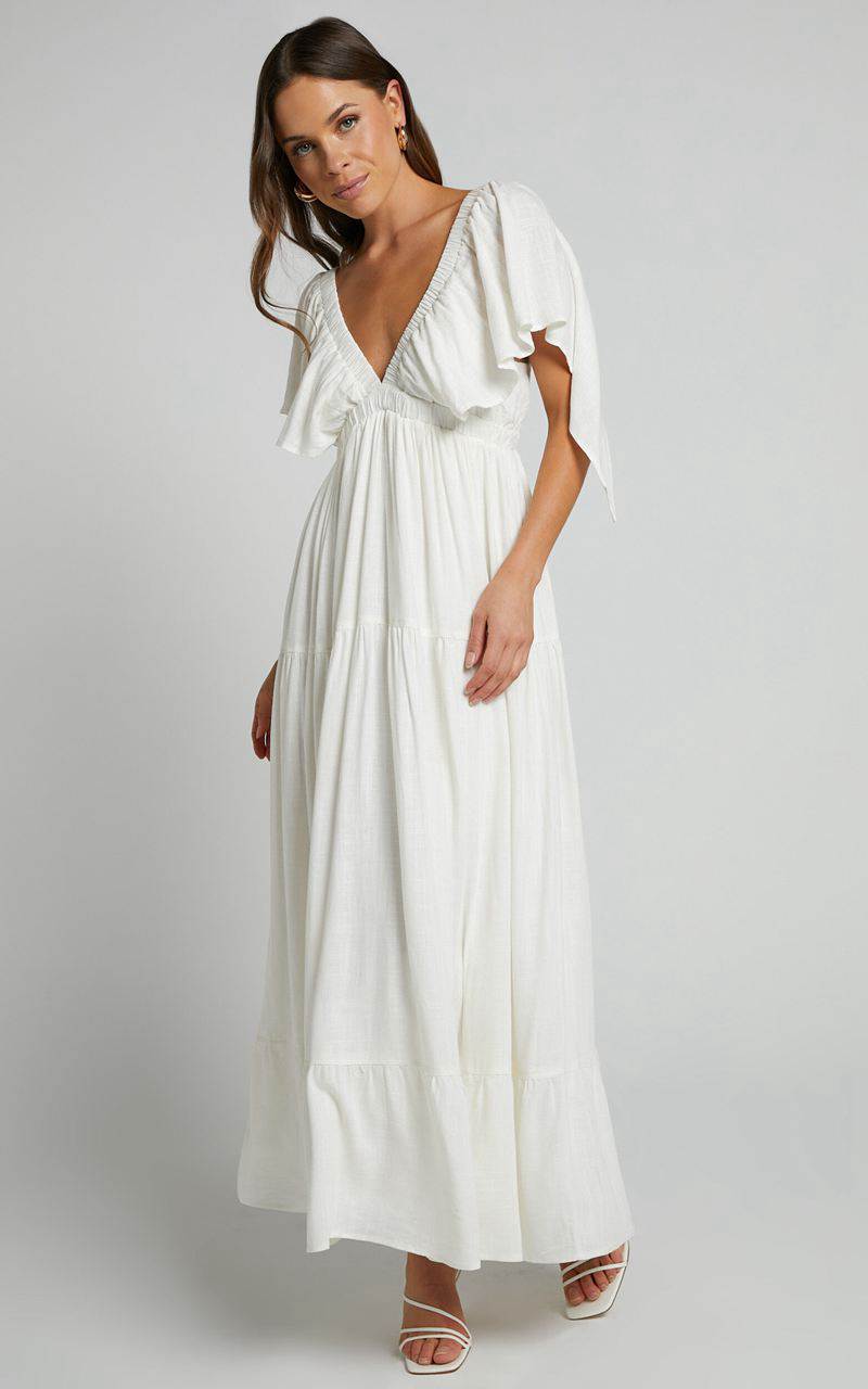 Showpo Lyrad Midi Dress - Linen Look Empire Waist Textured Dress White | BOKUDR243