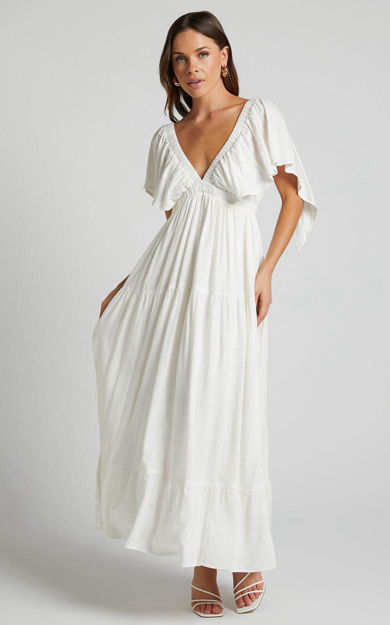 Showpo Lyrad Midi Dress - Linen Look Empire Waist Textured Dress White | BOKUDR243