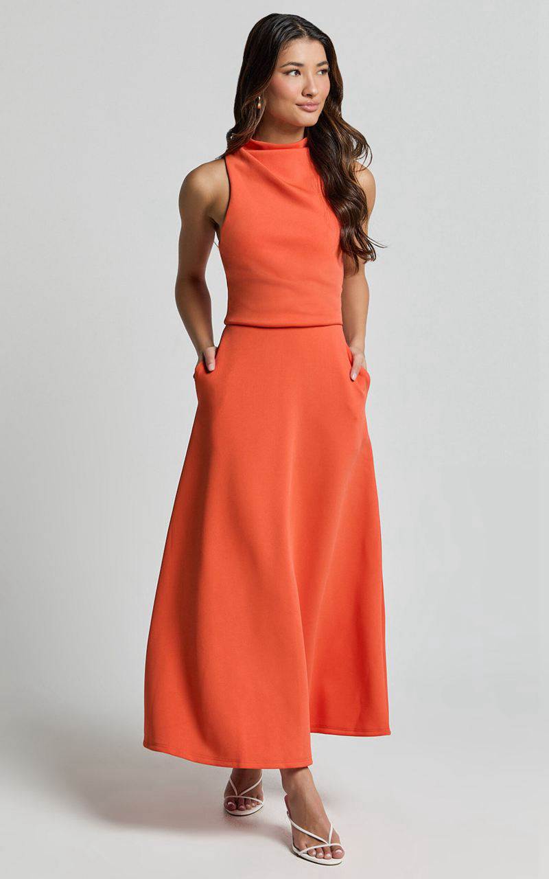 Showpo Macy Midi Dress - High Neck A Line Dress Orange | VNTODB625