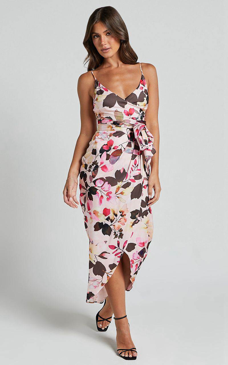 Showpo Maddison Midi Dress - Strappy Wrap Dress Rosalind Print | HXPNFG593