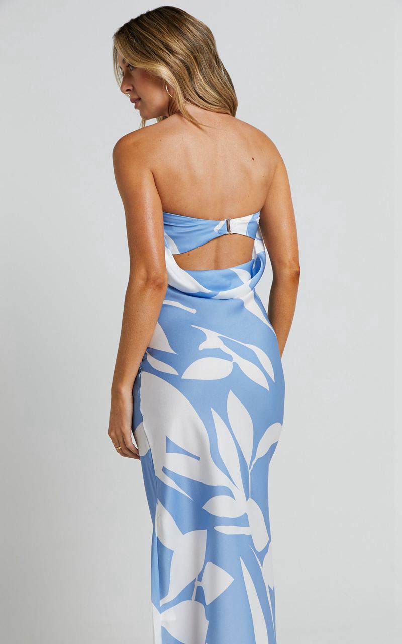 Showpo Madelyn Midi Dress - Strapless Palm Print Satin Dress Blue White Leaf Motif | HNURPT936