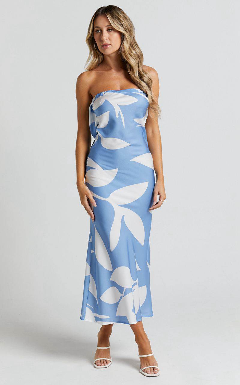 Showpo Madelyn Midi Dress - Strapless Palm Print Satin Dress Blue White Leaf Motif | HNURPT936