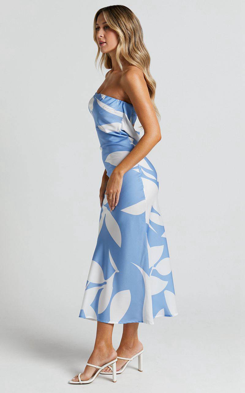 Showpo Madelyn Midi Dress - Strapless Palm Print Satin Dress Blue White Leaf Motif | HNURPT936