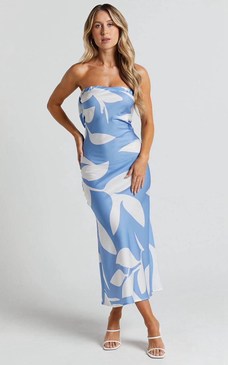 Showpo Madelyn Midi Dress - Strapless Palm Print Satin Dress Blue White Leaf Motif | HNURPT936