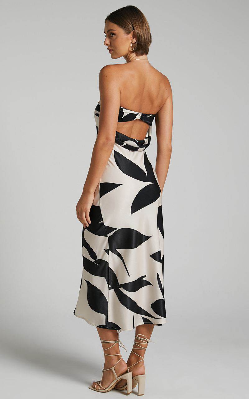 Showpo Madelyn Midi Dress - Strapless Palm Print Satin Dress Cream And Black Shadow Print | NKRXDA076