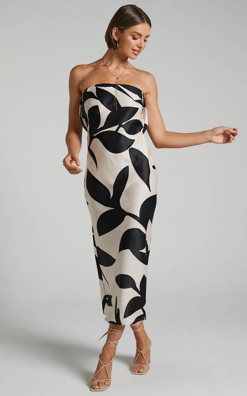 Showpo Madelyn Midi Dress - Strapless Palm Print Satin Dress Cream And Black Shadow Print | NKRXDA076