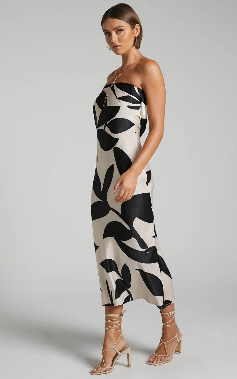 Showpo Madelyn Midi Dress - Strapless Palm Print Satin Dress Cream And Black Shadow Print | NKRXDA076