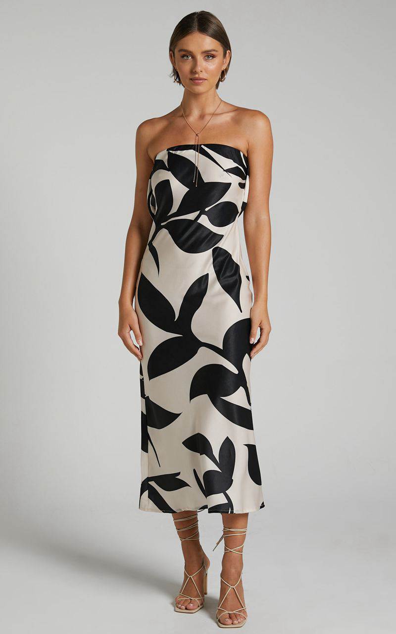 Showpo Madelyn Midi Dress - Strapless Palm Print Satin Dress Cream And Black Shadow Print | NKRXDA076