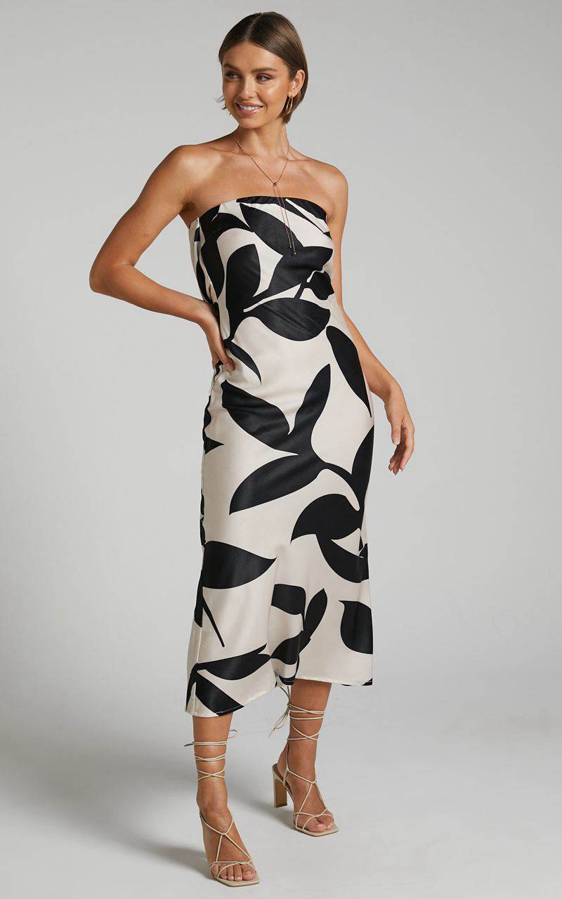 Showpo Madelyn Midi Dress - Strapless Palm Print Satin Dress Cream And Black Shadow Print | NKRXDA076