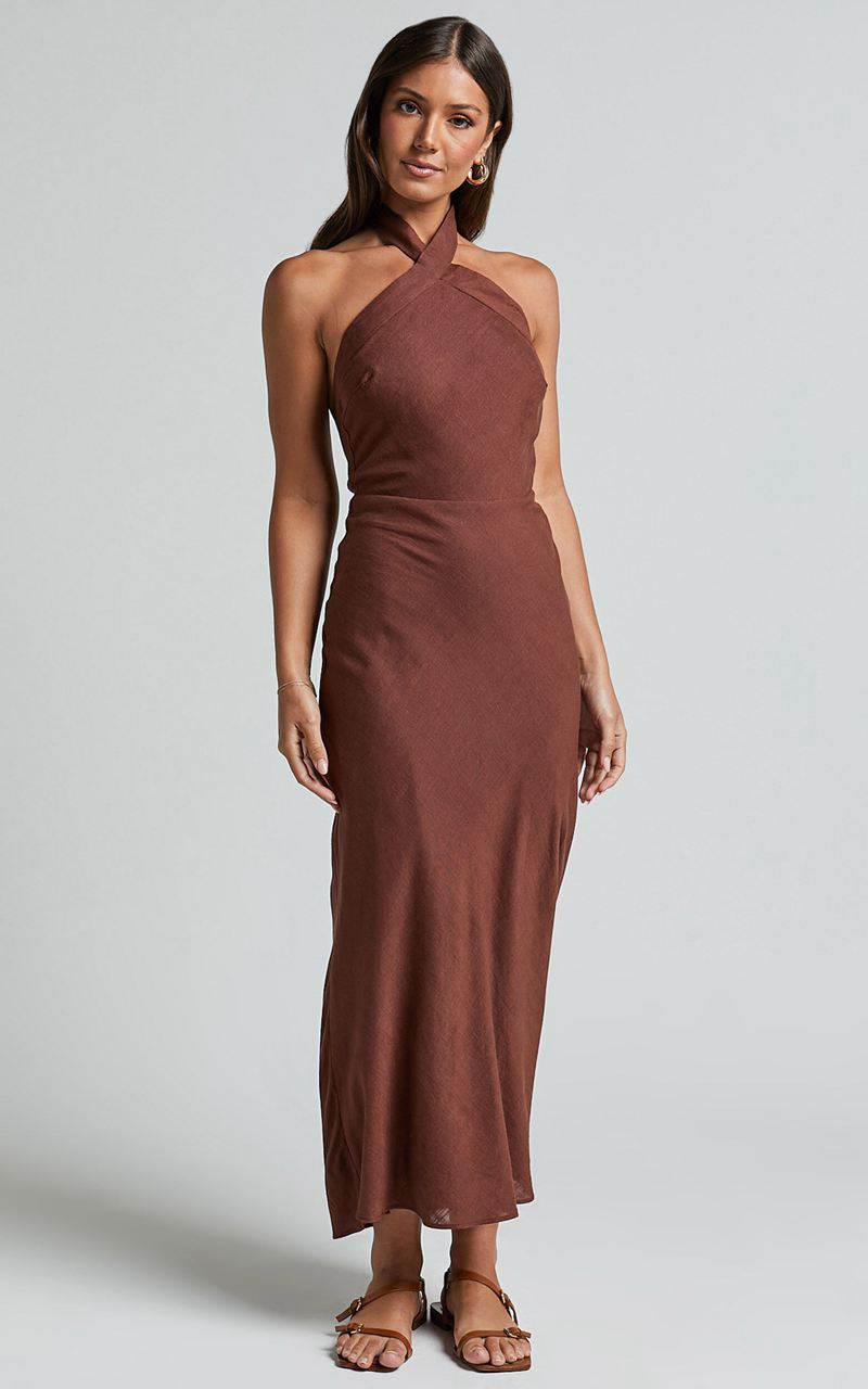 Showpo Maelynn Midi Dress - Linen Look Twist Halter Neck Low Back Slip Dress Chocolate | QJZLAN103