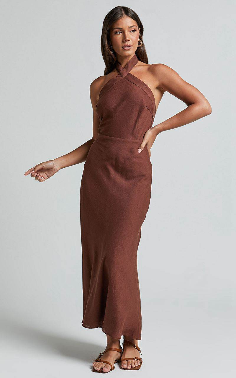 Showpo Maelynn Midi Dress - Linen Look Twist Halter Neck Low Back Slip Dress Chocolate | QJZLAN103