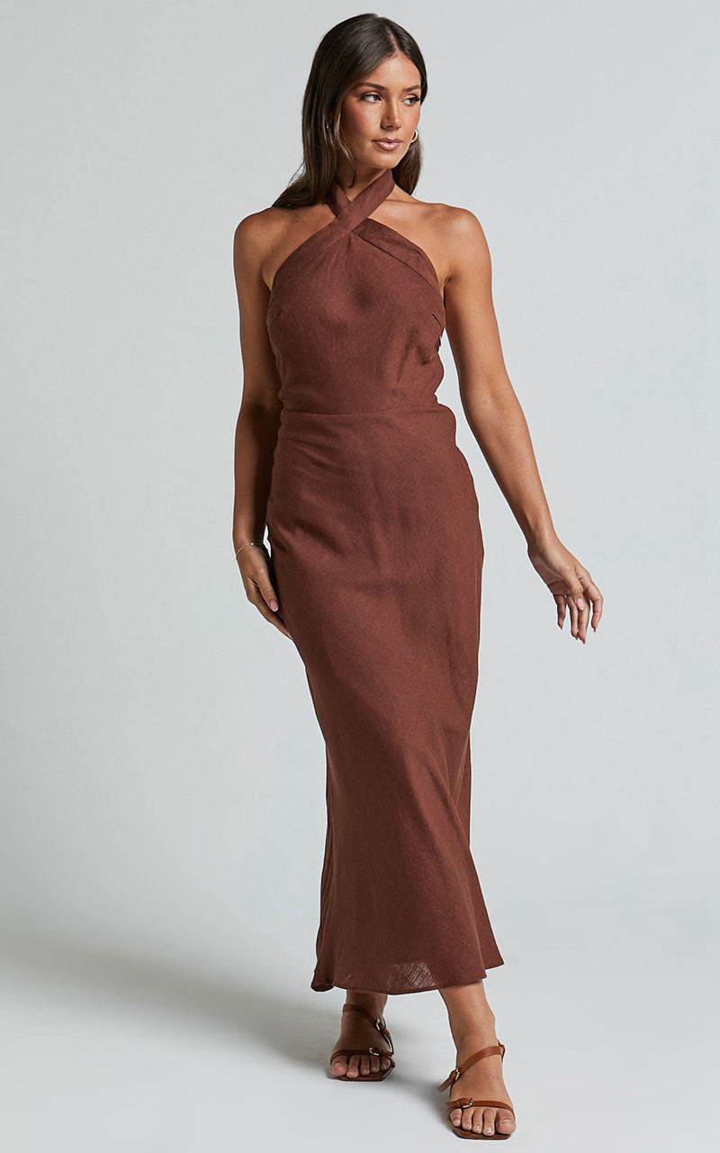 Showpo Maelynn Midi Dress - Linen Look Twist Halter Neck Low Back Slip Dress Chocolate | QJZLAN103