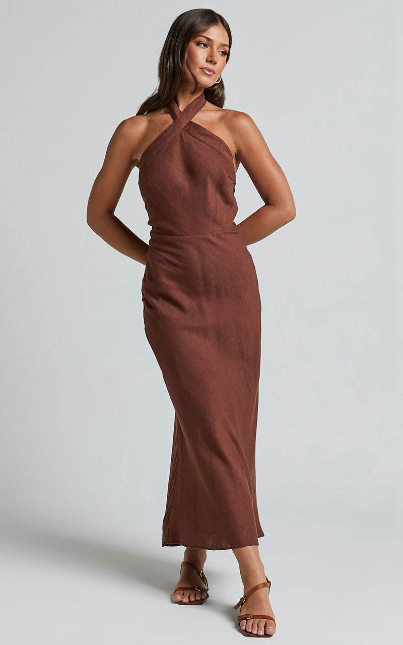 Showpo Maelynn Midi Dress - Linen Look Twist Halter Neck Low Back Slip Dress Chocolate | QJZLAN103