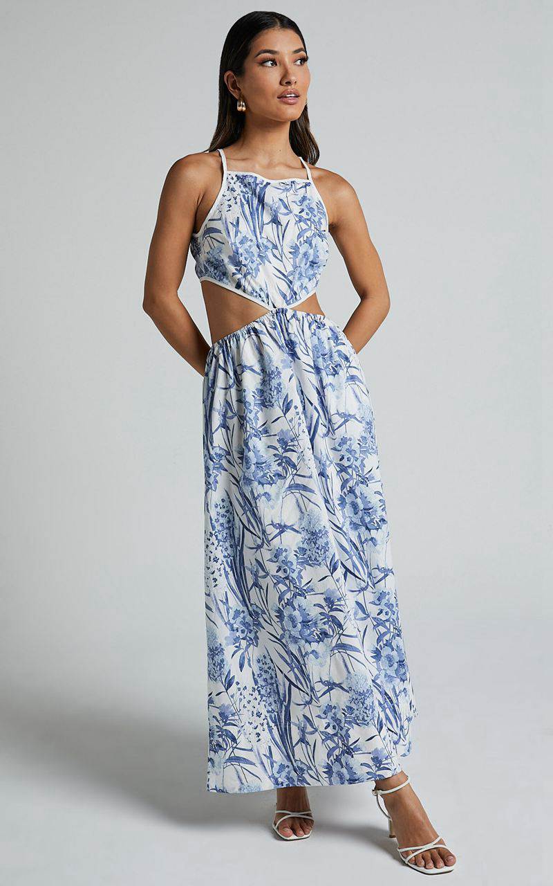 Showpo Maenerva Midi Dress - Sleeveless Straight Neck Cut Out Dress Blue Floral | AFYMTN178