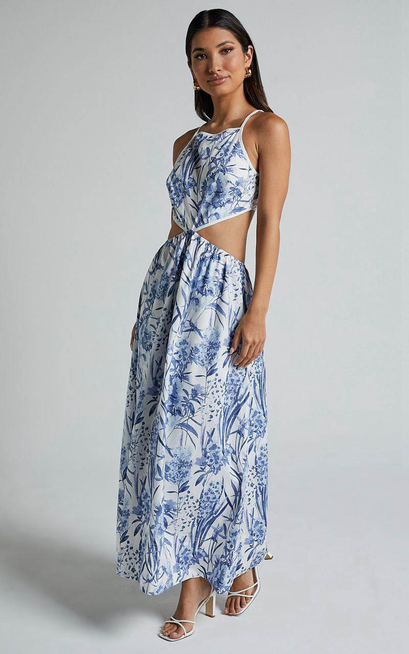 Showpo Maenerva Midi Dress - Sleeveless Straight Neck Cut Out Dress Blue Floral | AFYMTN178