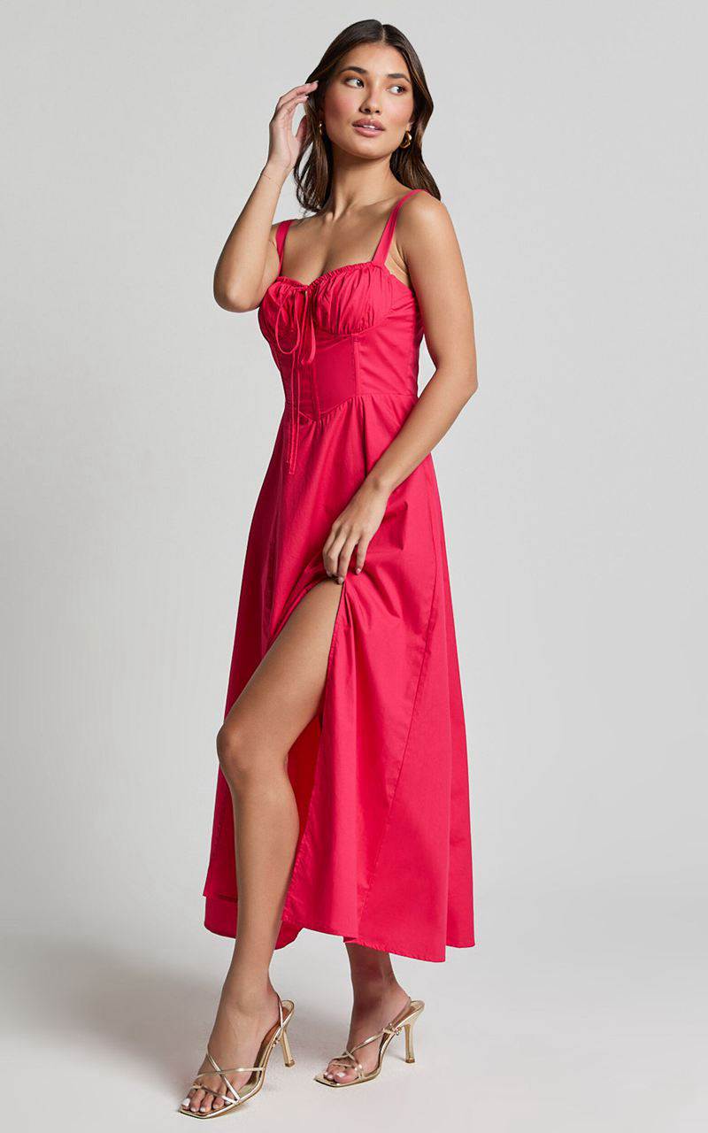 Showpo Maiya Midi Dress - Tie Front Fitted Bodice Dress Hot Pink | MLURYW058