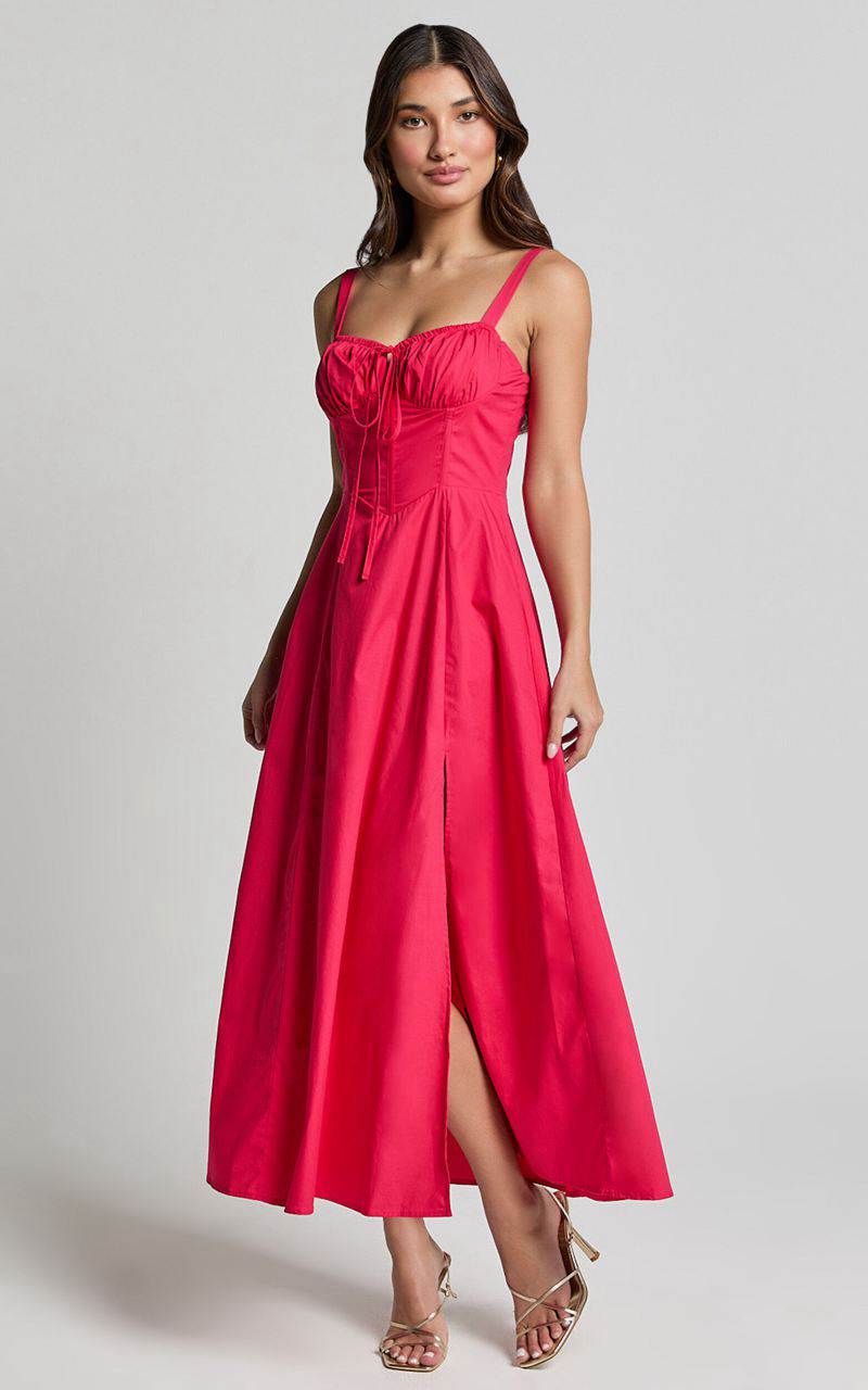 Showpo Maiya Midi Dress - Tie Front Fitted Bodice Dress Hot Pink | MLURYW058