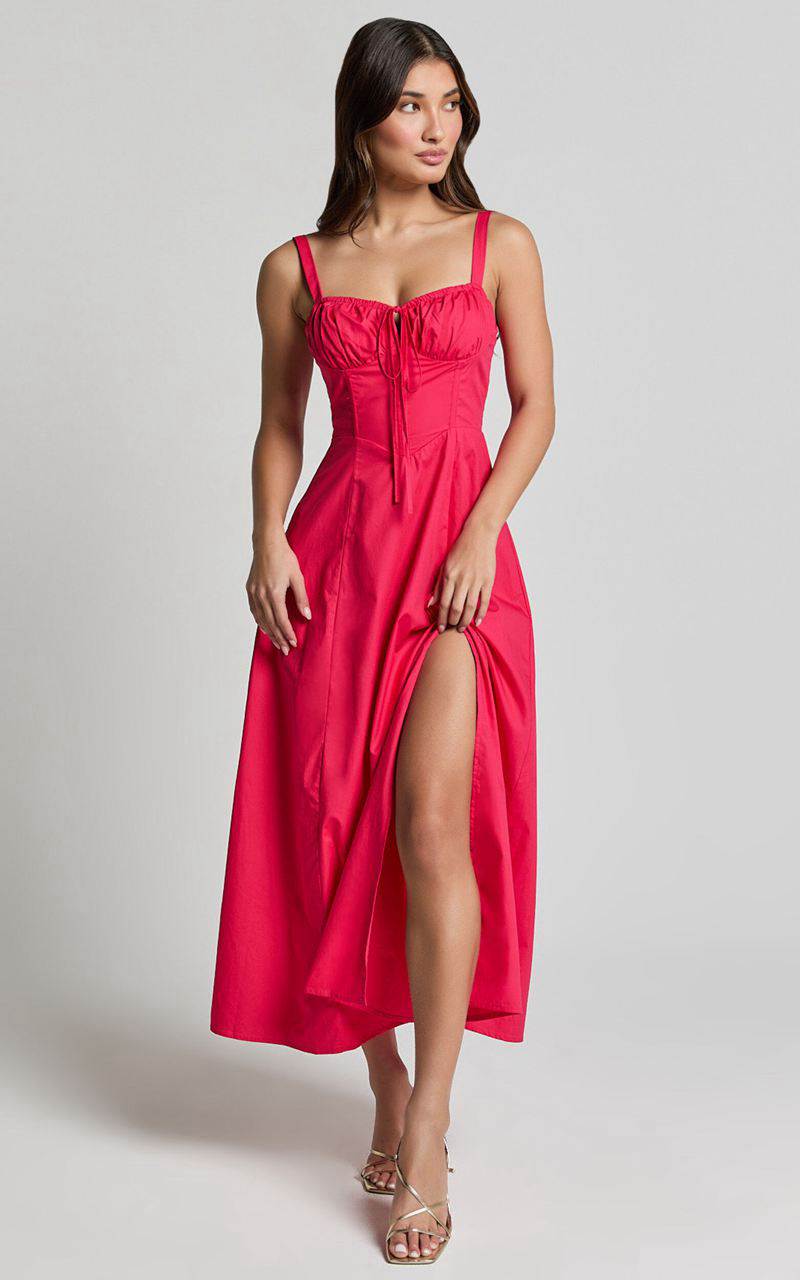 Showpo Maiya Midi Dress - Tie Front Fitted Bodice Dress Hot Pink | MLURYW058