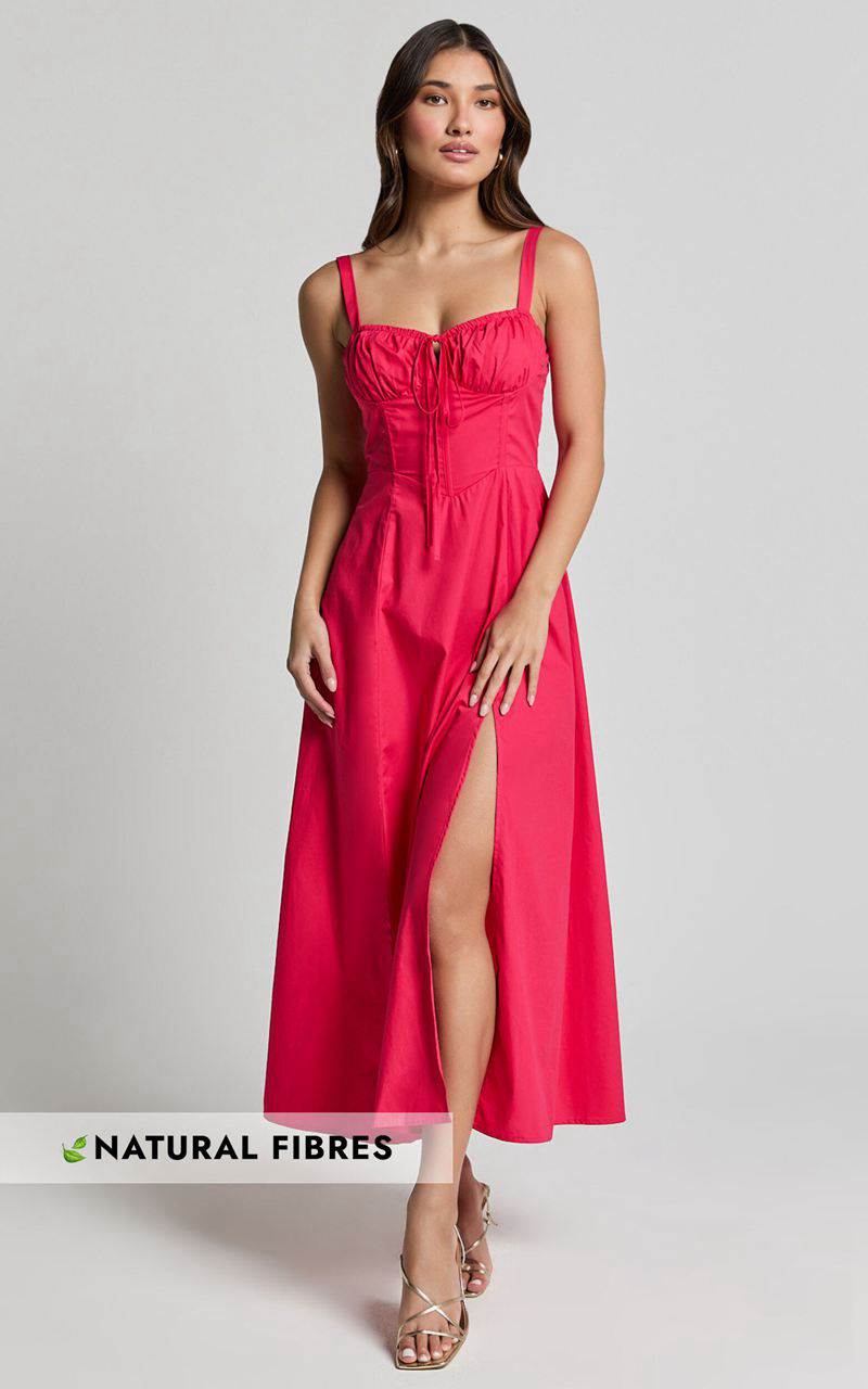 Showpo Maiya Midi Dress - Tie Front Fitted Bodice Dress Hot Pink | MLURYW058