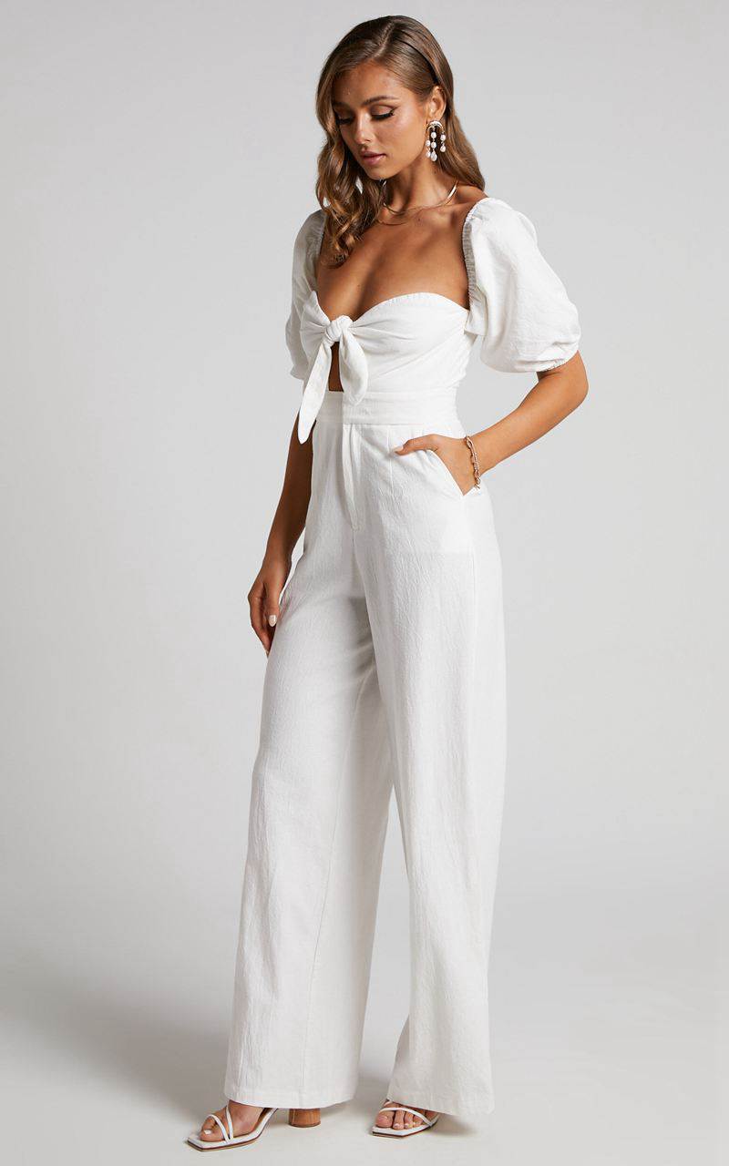 Showpo Maja Jumpsuit - Front Tie Off Shoulder Jumpsuit White | WYUTBL639