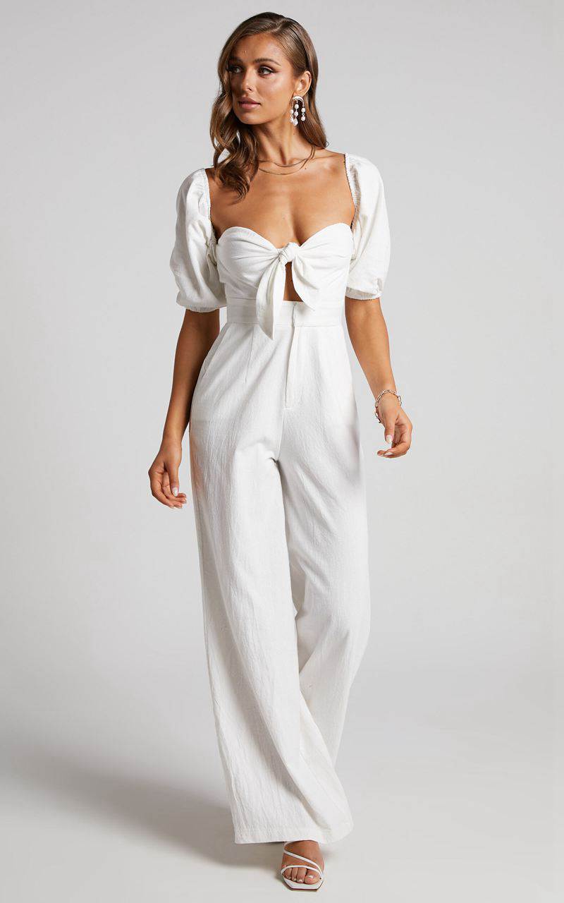 Showpo Maja Jumpsuit - Front Tie Off Shoulder Jumpsuit White | WYUTBL639