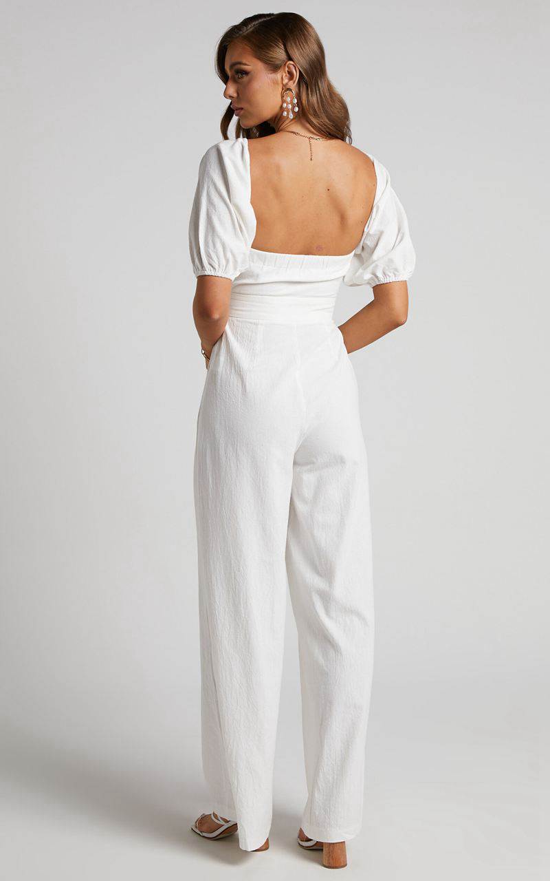 Showpo Maja Jumpsuit - Front Tie Off Shoulder Jumpsuit White | WYUTBL639