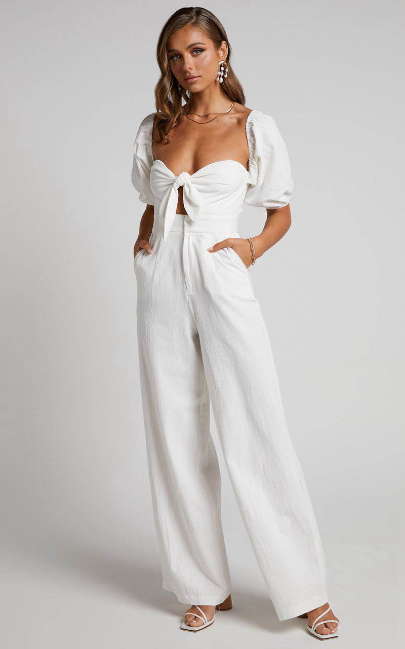 Showpo Maja Jumpsuit - Front Tie Off Shoulder Jumpsuit White | WYUTBL639