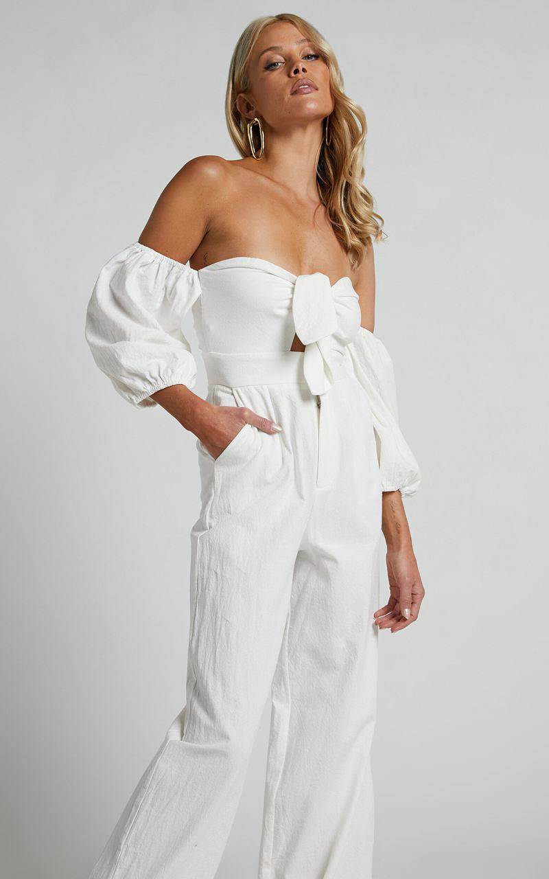 Showpo Maja Jumpsuit - Front Tie Off Shoulder Jumpsuit Off White | EWMQKD421