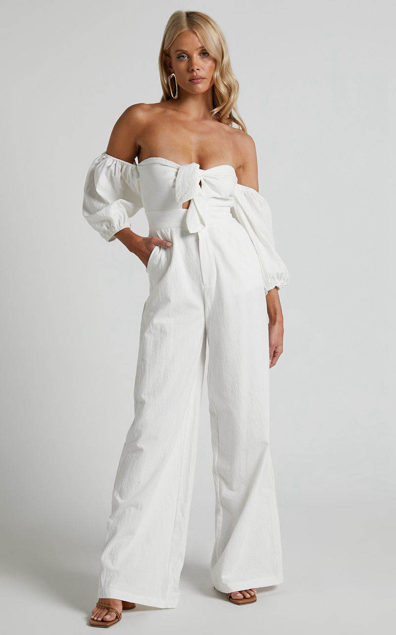 Showpo Maja Jumpsuit - Front Tie Off Shoulder Jumpsuit Off White | EWMQKD421