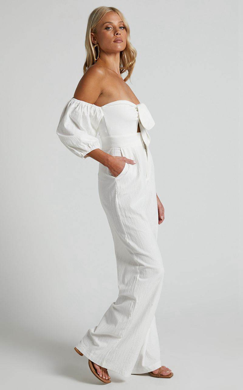 Showpo Maja Jumpsuit - Front Tie Off Shoulder Jumpsuit Off White | EWMQKD421