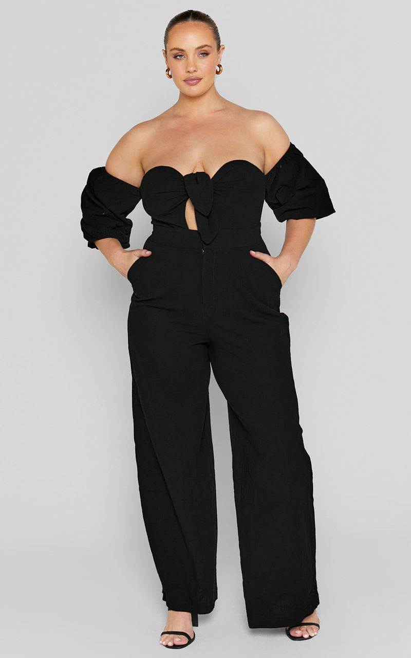 Showpo Maja Jumpsuit - Front Tie Off Shoulder Jumpsuit Black | SQATLI054