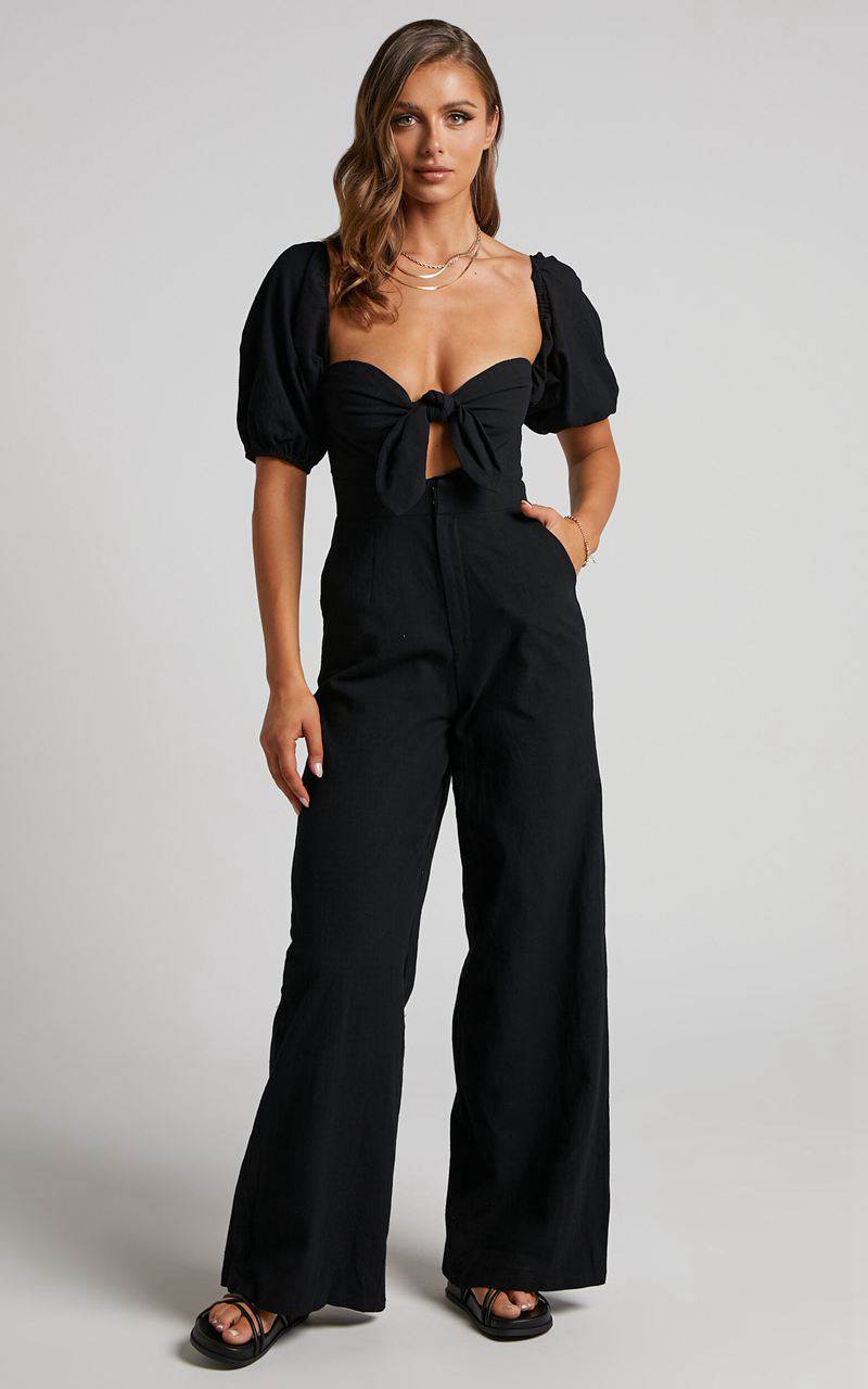 Showpo Maja Jumpsuit - Front Tie Off Shoulder Jumpsuit Black | SQATLI054