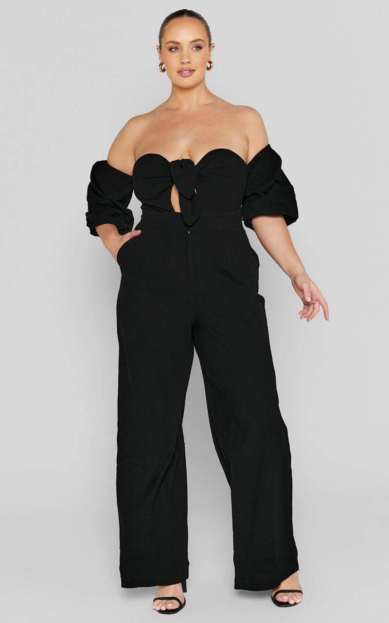 Showpo Maja Jumpsuit - Front Tie Off Shoulder Jumpsuit Black | SQATLI054