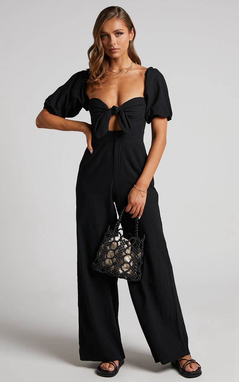 Showpo Maja Jumpsuit - Front Tie Off Shoulder Jumpsuit Black | SQATLI054