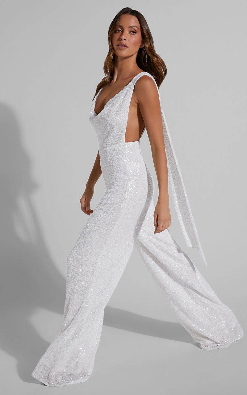 Showpo Malisha Jumpsuit - Cowl Neck Backless Jumpsuit White Sequin | WNRAFZ739