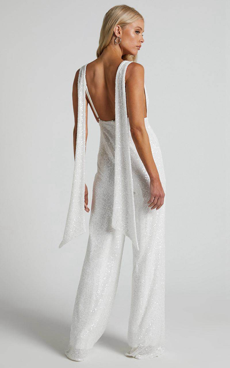 Showpo Malisha Jumpsuit - Cowl Neck Backless Jumpsuit White Sequin | WNRAFZ739