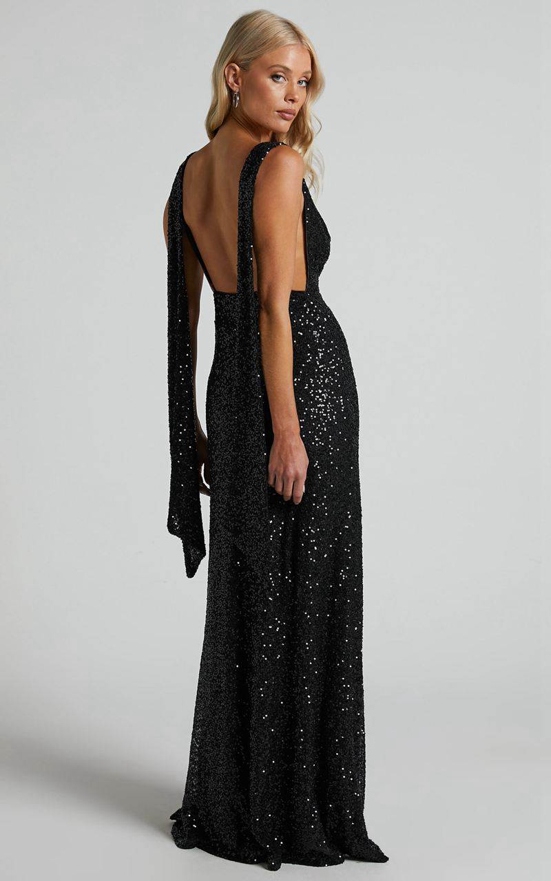 Showpo Malisha Maxi Dress - Sequin Cowl Neck Backless Dress Black | SYRIUD503