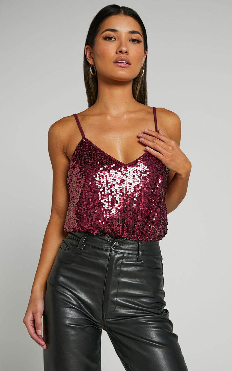 Showpo Manika Bodysuit - Sequin Bodysuit Wine | NMQPWF468