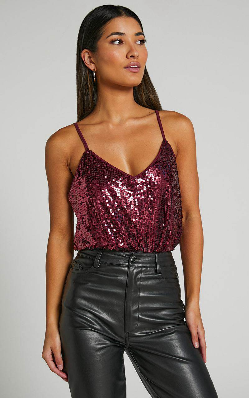 Showpo Manika Bodysuit - Sequin Bodysuit Wine | NMQPWF468