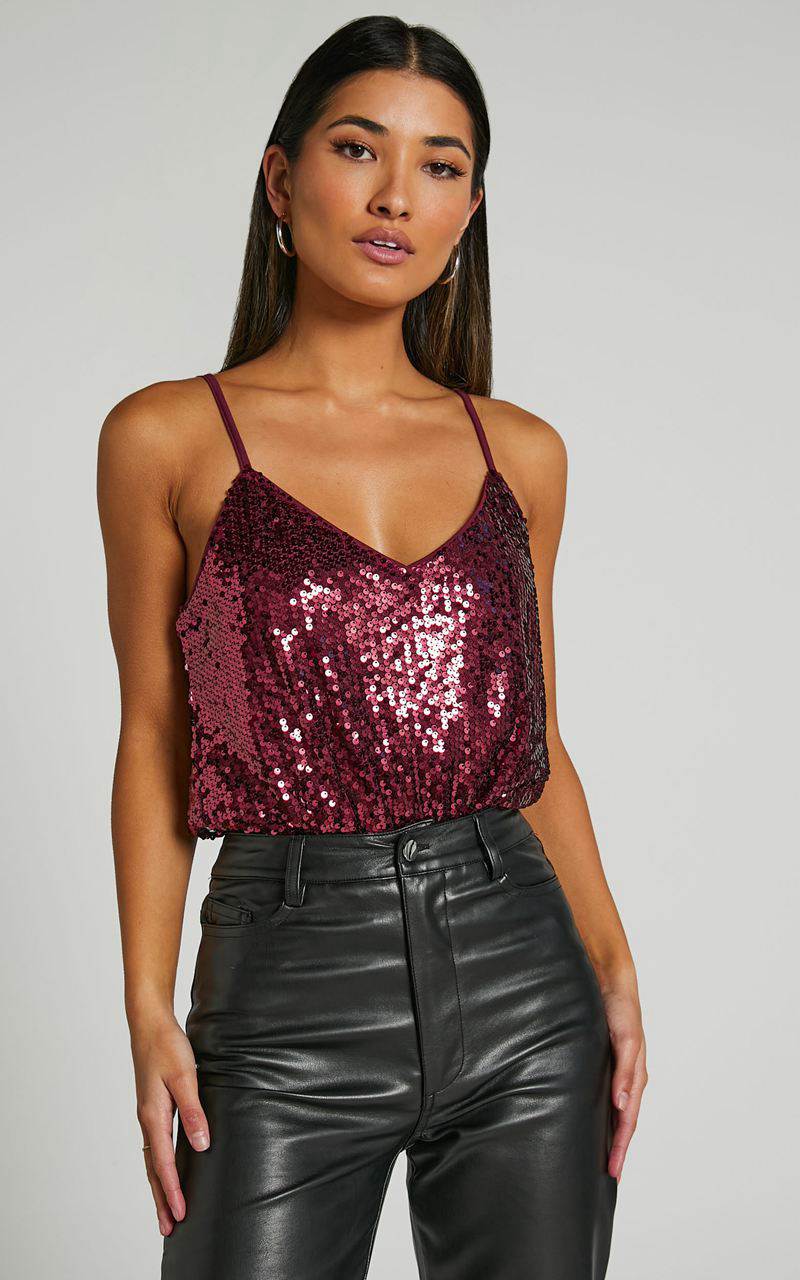 Showpo Manika Bodysuit - Sequin Bodysuit Wine | NMQPWF468