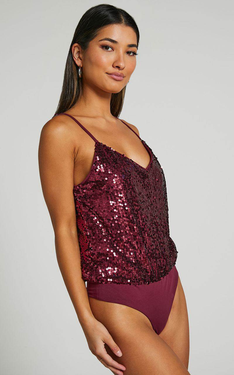 Showpo Manika Bodysuit - Sequin Bodysuit Wine | NMQPWF468