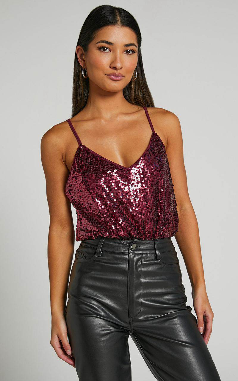 Showpo Manika Bodysuit - Sequin Bodysuit Wine | NMQPWF468