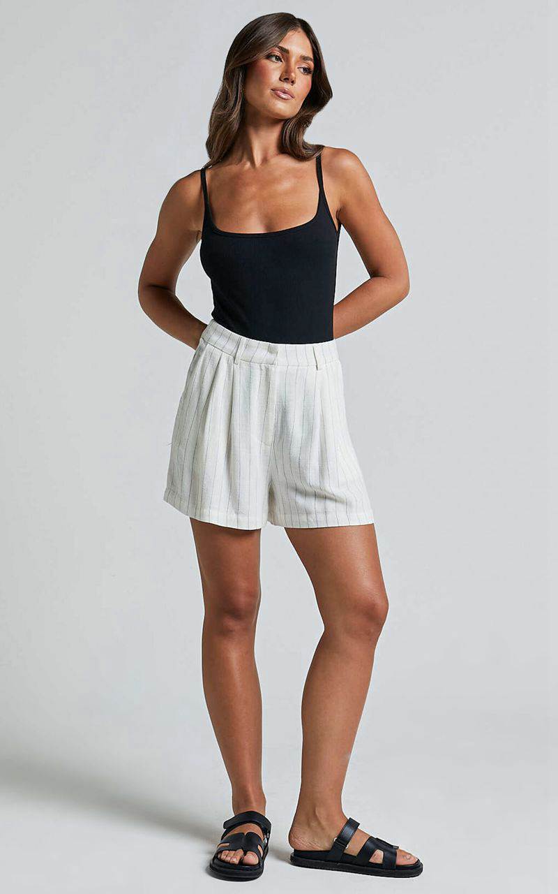 Showpo Manon Shorts - Linen Look Tailored Pinstripe Shorts White | THDCQE670