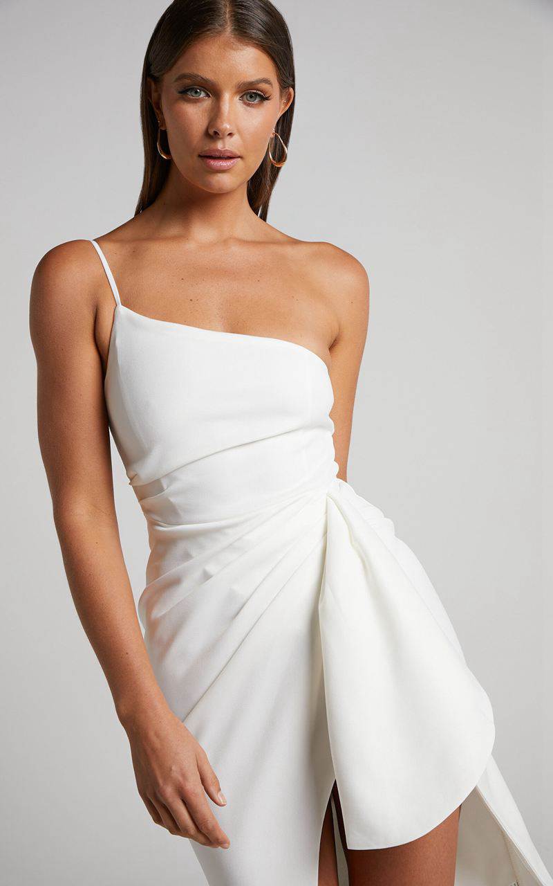 Showpo Marcelita Midi Dress - One Shoulder Drape Detail Faux Wrap Dress White | OANQXH614