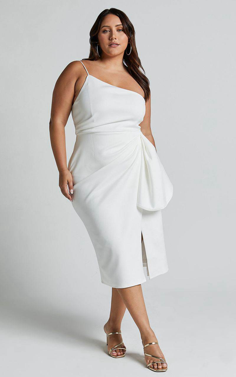 Showpo Marcelita Midi Dress - One Shoulder Drape Detail Faux Wrap Dress White | OANQXH614